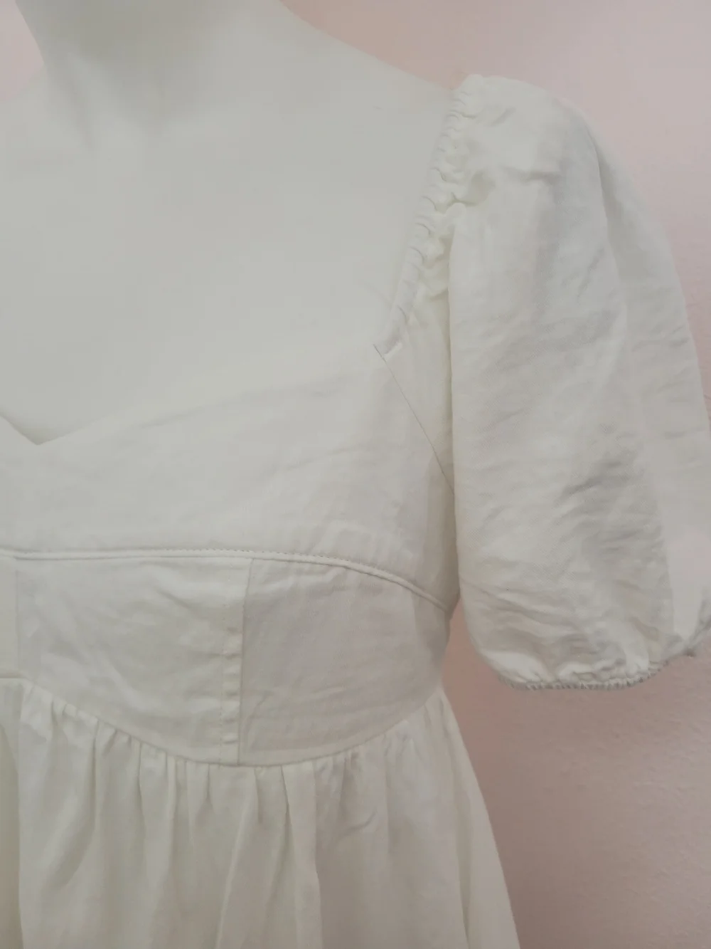 Bècool White Puff Sleeve Babydoll Cottagecore Mini Dress Cotton L